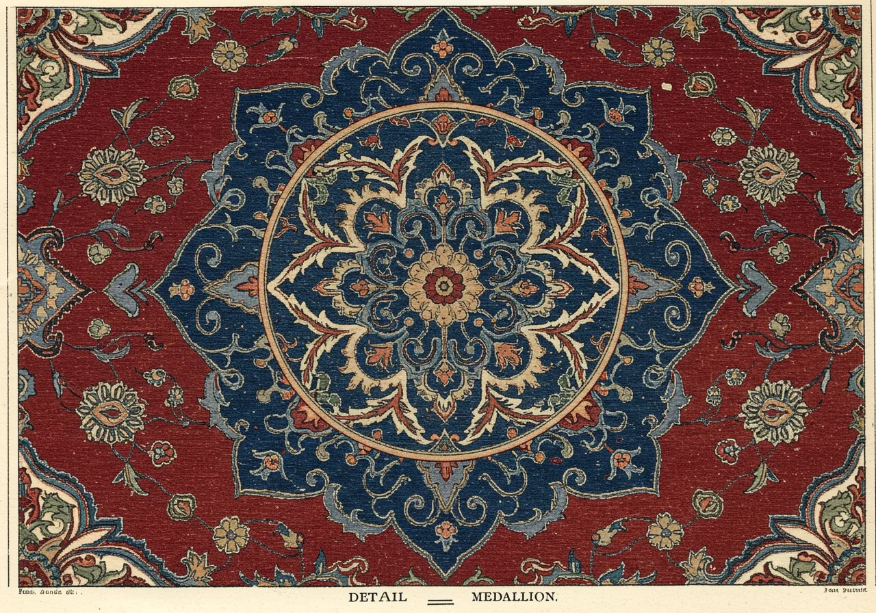 A close detail of a Kashan central medallion — floral court vocabulary of palmettes, cloud-bands, and fine arabesques on deep wine-red ground