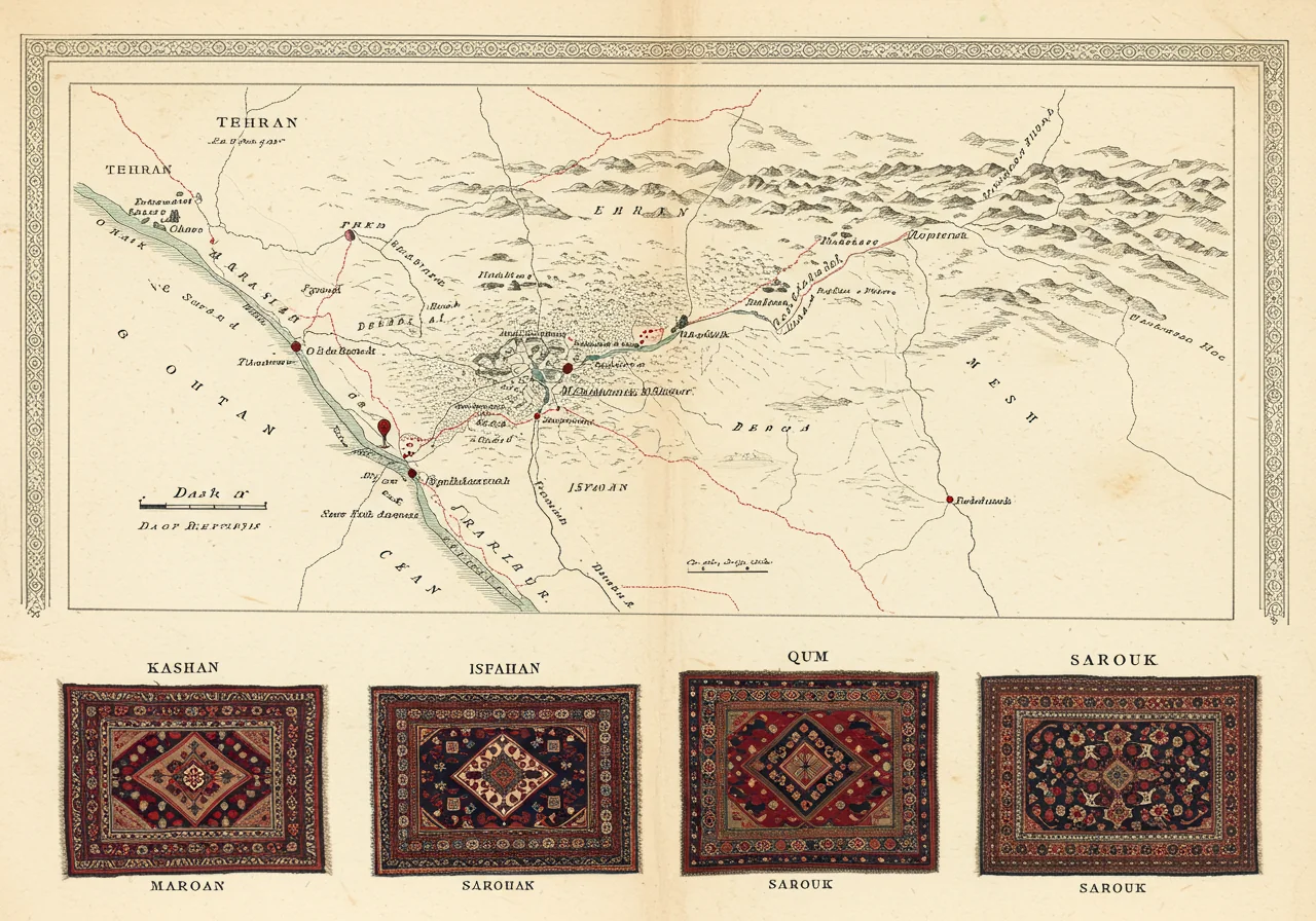 A page from a Victorian connoisseur's portfolio on the central Persian court workshops — district map locating Kashan, Isfahan, Qum, and Sarouk, archetype rug drawings for the four