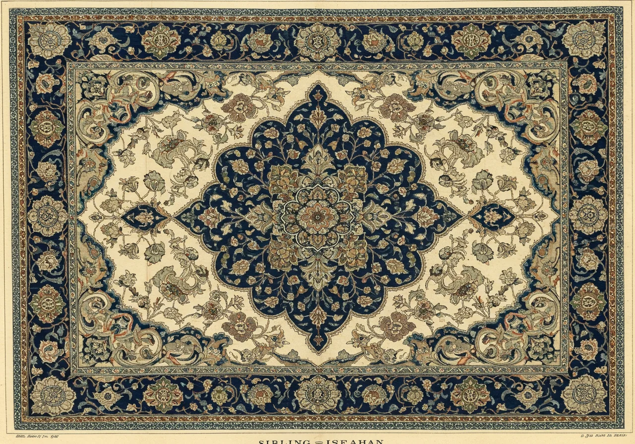 An Isfahan rug — central Persian court tradition on pale ivory ground with indigo central medallion, silk-warp foundation, the Shah Abbas-period court tradition rather than the Kashan revival