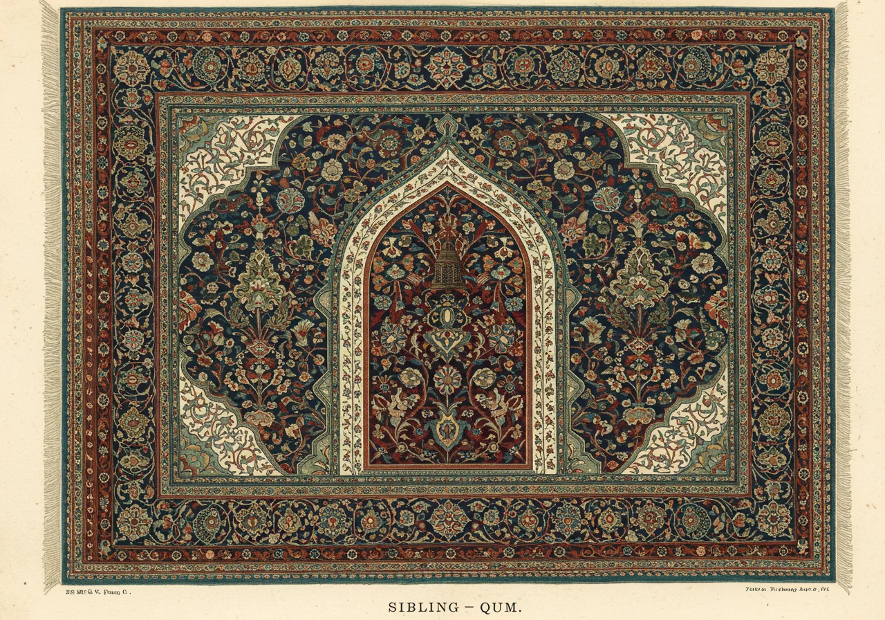 A Qum silk prayer-rug — twentieth-century workshop production from north of Kashan, characterised by silk pile, prayer-rug niche composition, and derivative court vocabulary