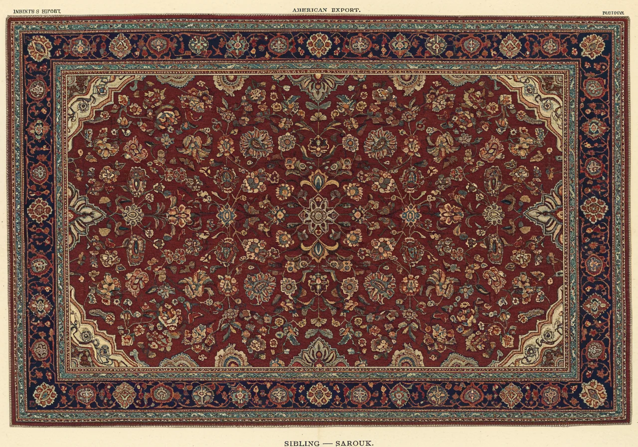 A Sarouk rug — central Persian workshop production for the American export market, deep wine-red ground, allover floral-spray composition rather than central medallion
