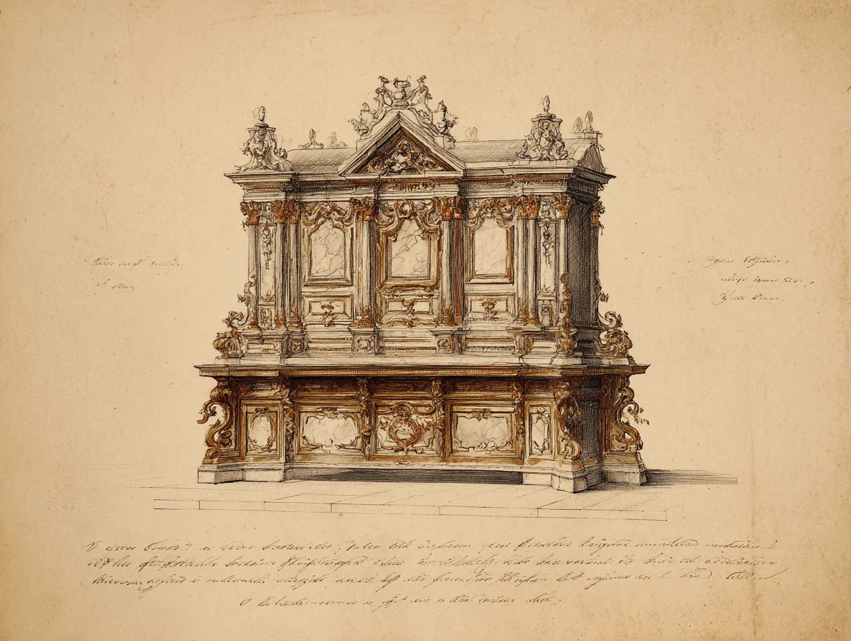 An Italian Baroque stipo of the mid-17th c — the immediate antecedent the Louis XIV state workshop set out to surpass, with carved-and-gilded woodwork and pietra-dura panels