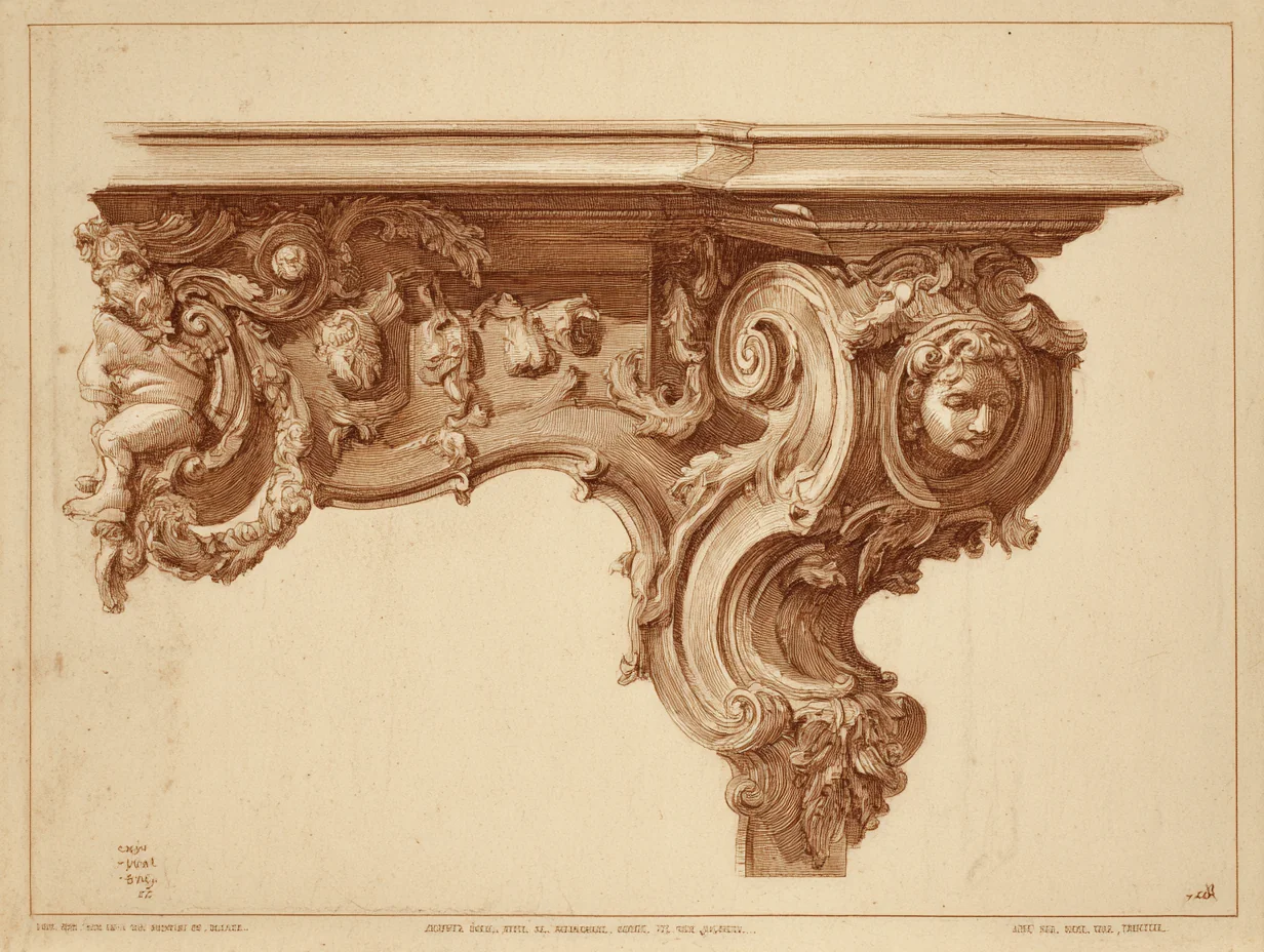 A close detail of Louis XIV carved-and-gilded stand or pier — water-gilt carved wood over a gessoed bole ground, the architectural-furniture gilding register