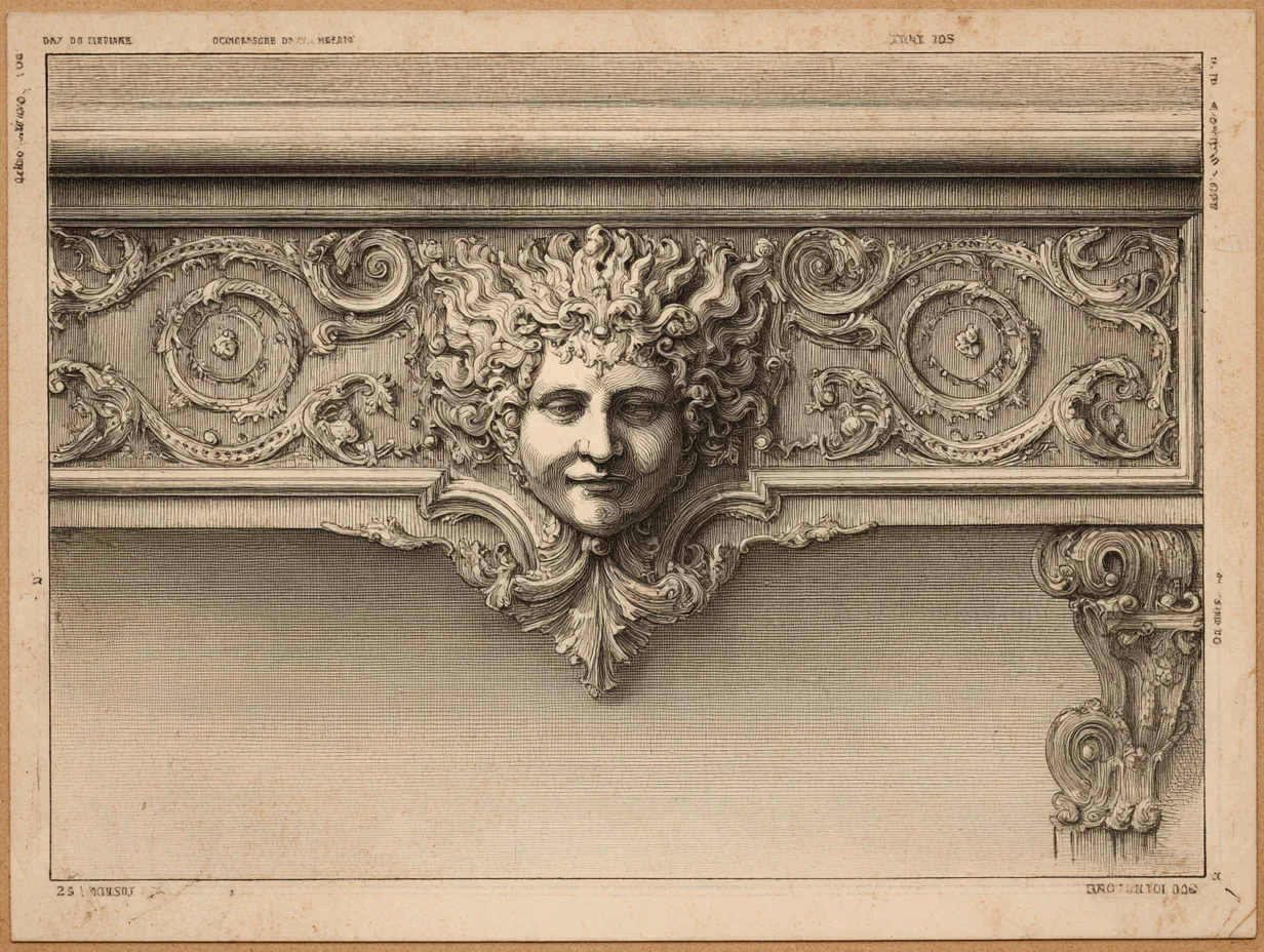 A close detail of Louis XIV chased gilt-bronze ormolu mounts — a figural mascaron, escutcheon, or corner-mount in fire-gilt bronze