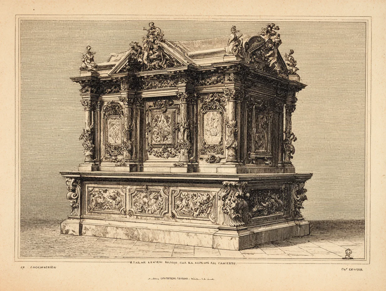 An Italian Baroque stipo — carved-and-gilded woodwork and Florentine pietra-dura, the tradition Louis XIV set out to surpass