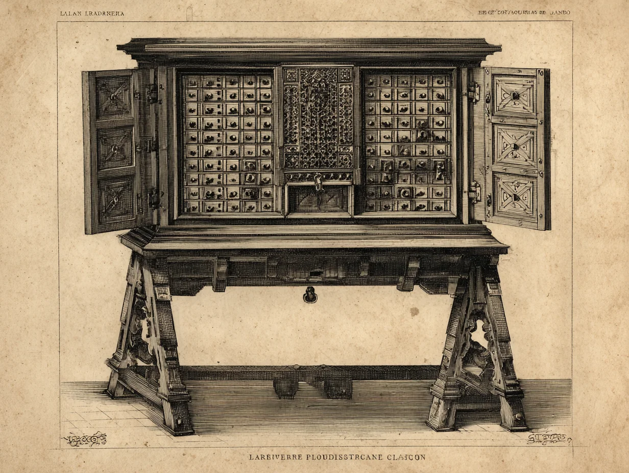 A Spanish Baroque vargueño — dark walnut, iron studs, tooled leather, and bone-and-ivory geometric inlay