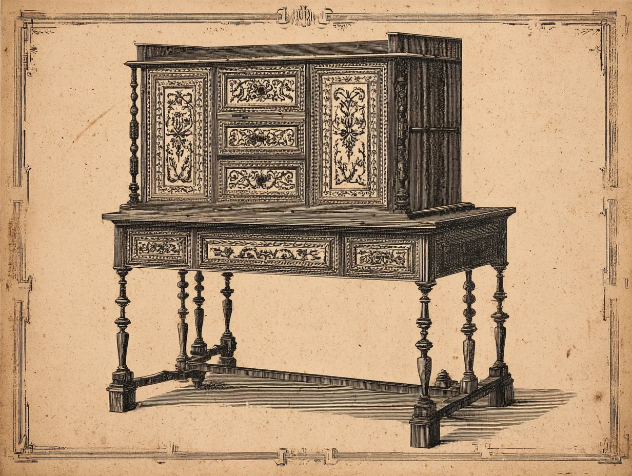 A William and Mary English cabinet — dark walnut with seaweed marquetry, bun feet, and turned columnar legs