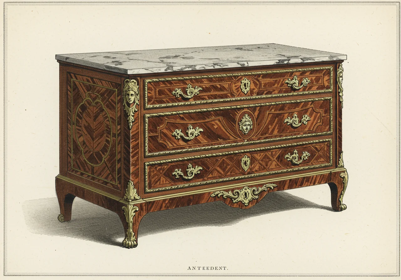 A Louis XIV / Régence commode — straighter case, heavier proportions, Boulle-style marquetry of brass and tortoiseshell, the antecedent style out of which the Louis XV proper emerged