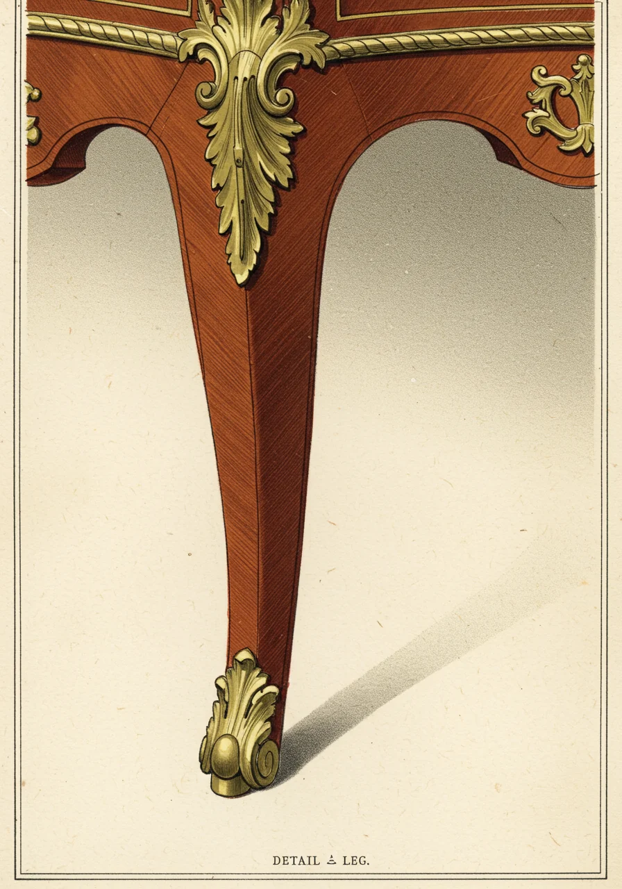 A close detail of a Louis XV cabriole leg — S-curved profile from knee to ankle, terminating in a small foot capped with a gilt-bronze sabot