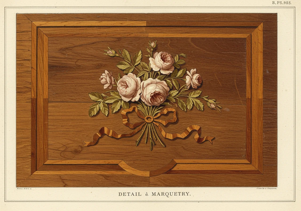 A close detail of Louis XV floral marquetry — a ribbon-tied bouquet of roses in kingwood, tulipwood, satinwood, and pearwood inlay on a tulipwood ground