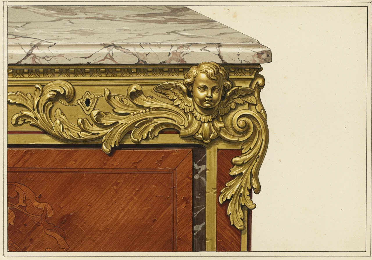 A close detail of a Louis XV ormolu mount — a sculptural arrangement of cherubs, foliage, and scrollwork in mercury-gilded bronze, applied to the angle of a commode