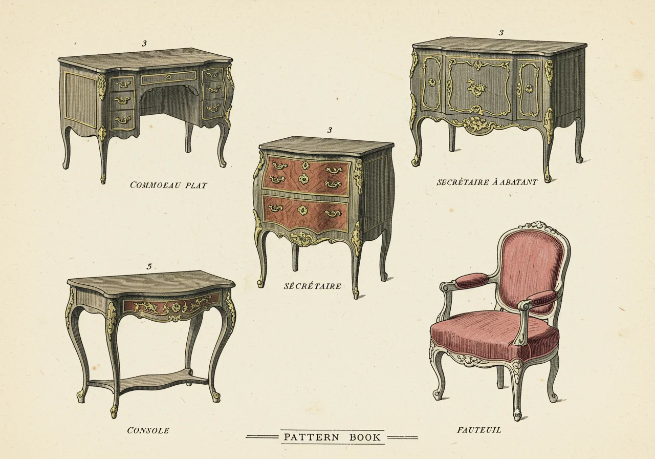 A page from a Victorian portfolio on Louis XV furniture — engraved drawings of the principal forms (commode, bureau plat, secrétaire, console, fauteuil) with explanatory annotations