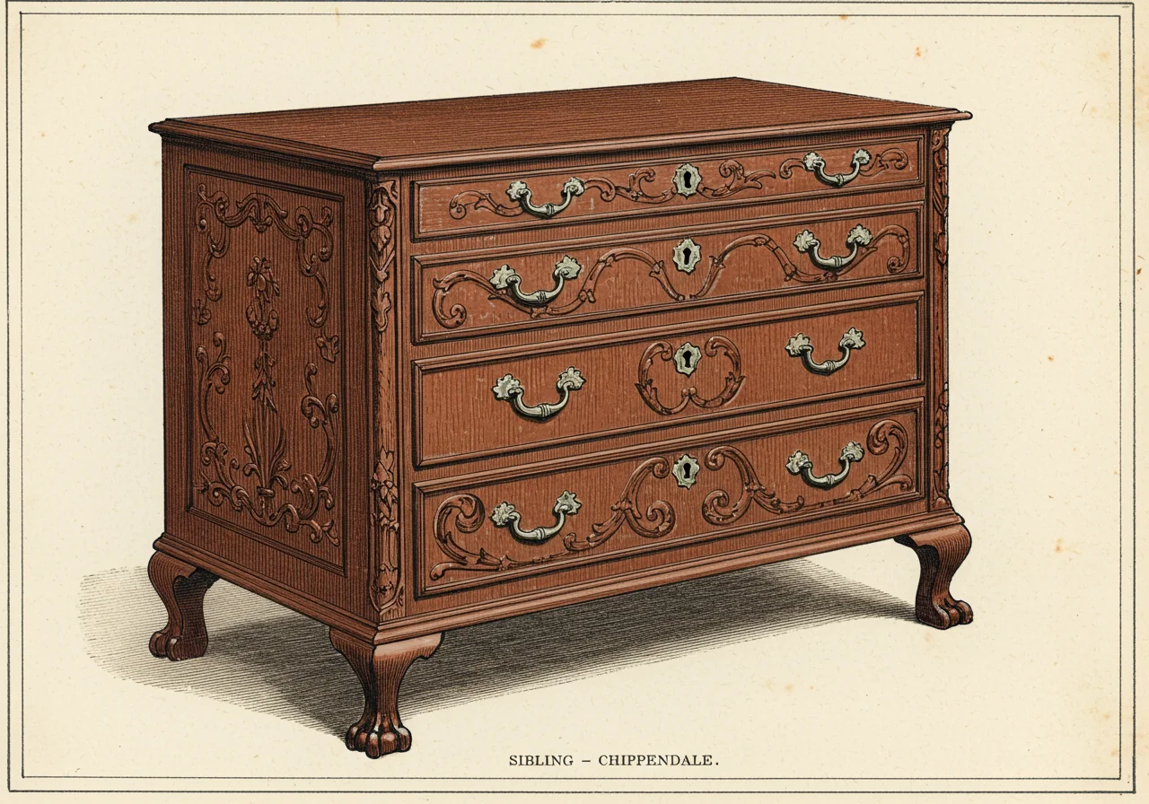 An English Chippendale chest of drawers in carved mahogany, with cabriole legs ending in ball-and-claw feet, fretwork ornament, and no veneered marquetry