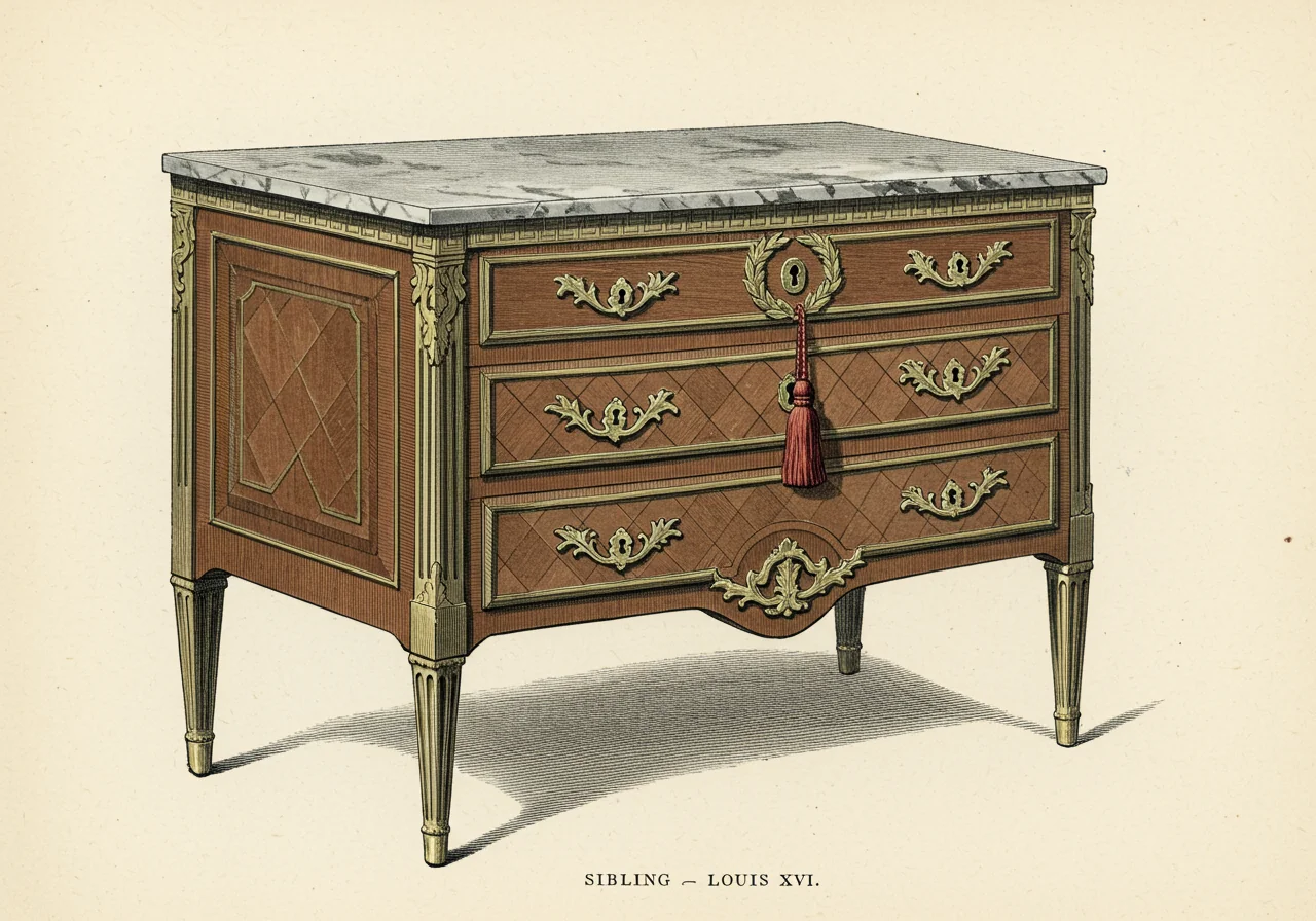 A Louis XVI commode — straight fluted columnar legs, rectangular case with canted corners, geometric trellis marquetry, Greek-key and laurel-wreath ormolu mounts
