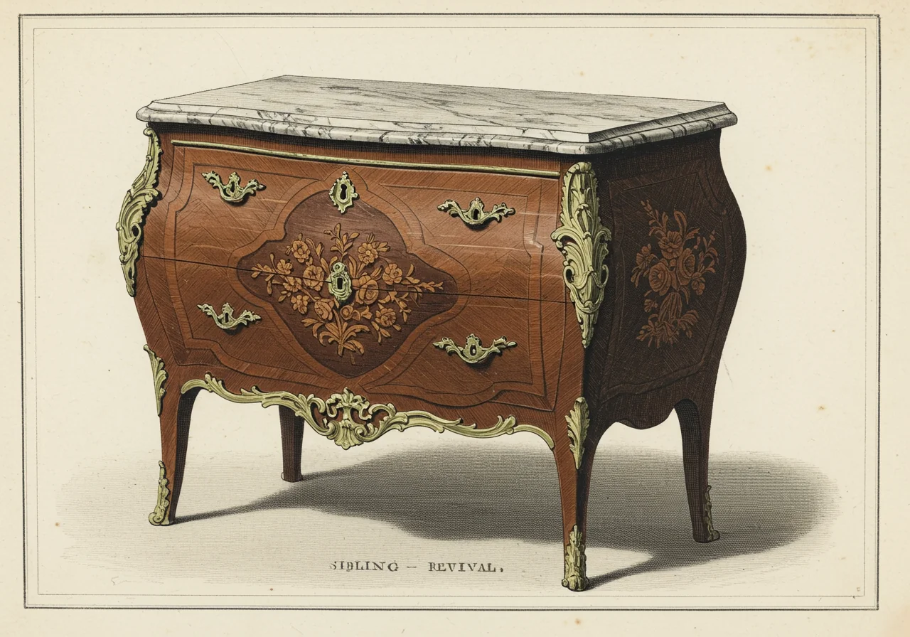 A nineteenth-century Louis XV revival commode — superficially similar to the original but with more rigidly symmetric marquetry, cast (rather than chased) ormolu mounts, machine-cut dovetails, and no JME stamp