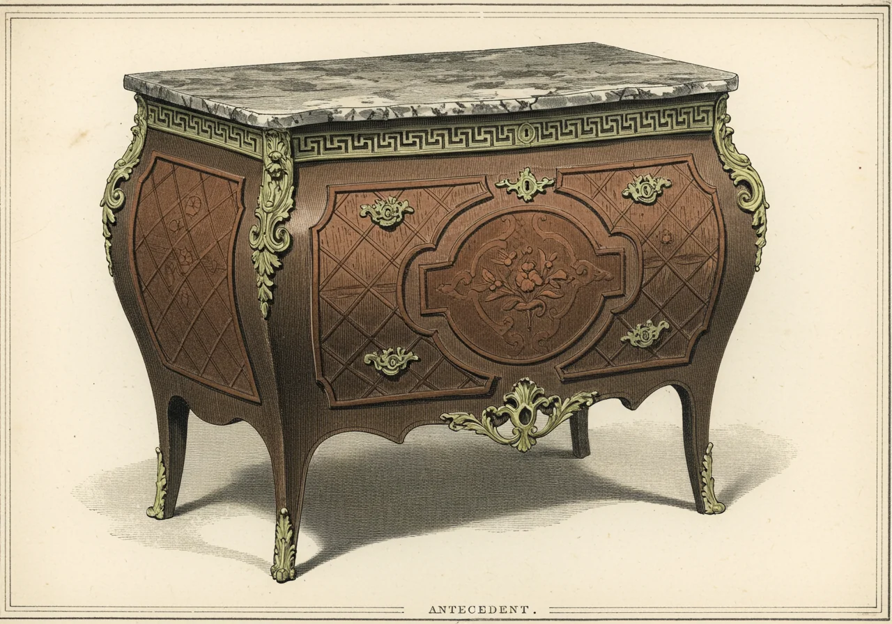 A Louis XV / Transition commode — bombé case still curving but with early neoclassical ormolu vocabulary, the antecedent style out of which the high Louis XVI emerged