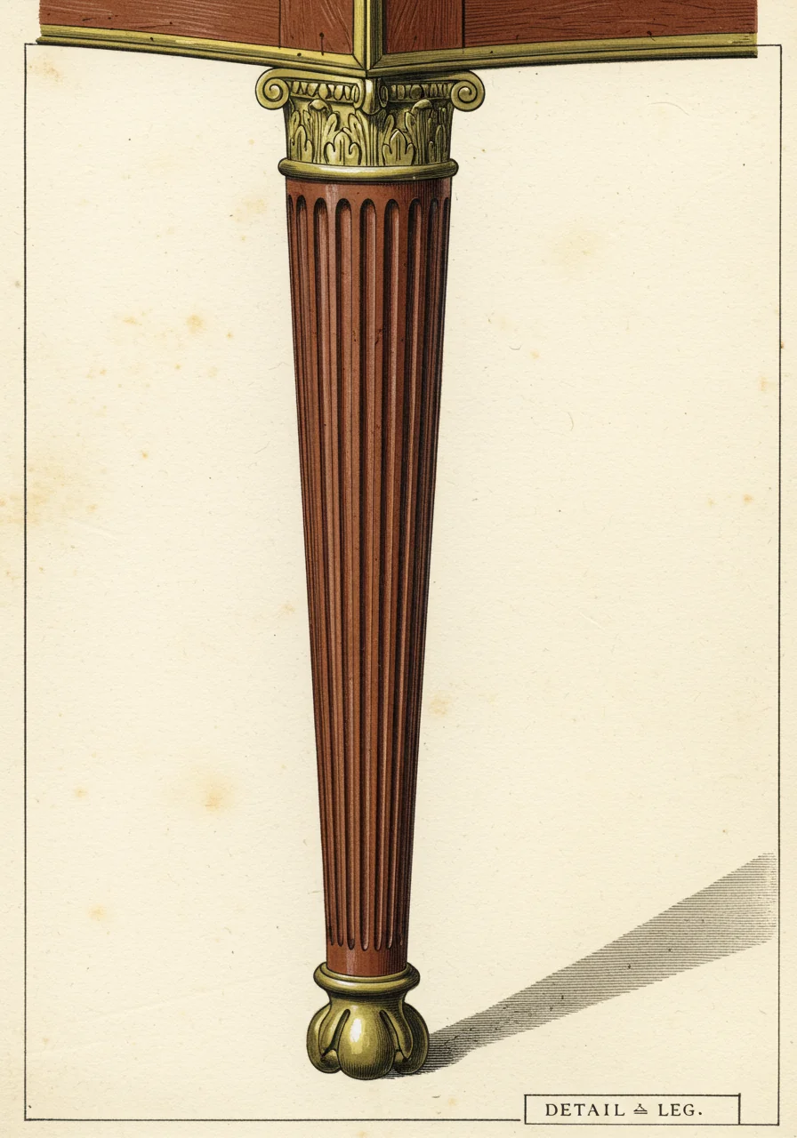 A close detail of a Louis XVI fluted columnar leg — straight tapered profile with vertical fluting, ormolu acanthus capital and base, terminating in a small toupie foot
