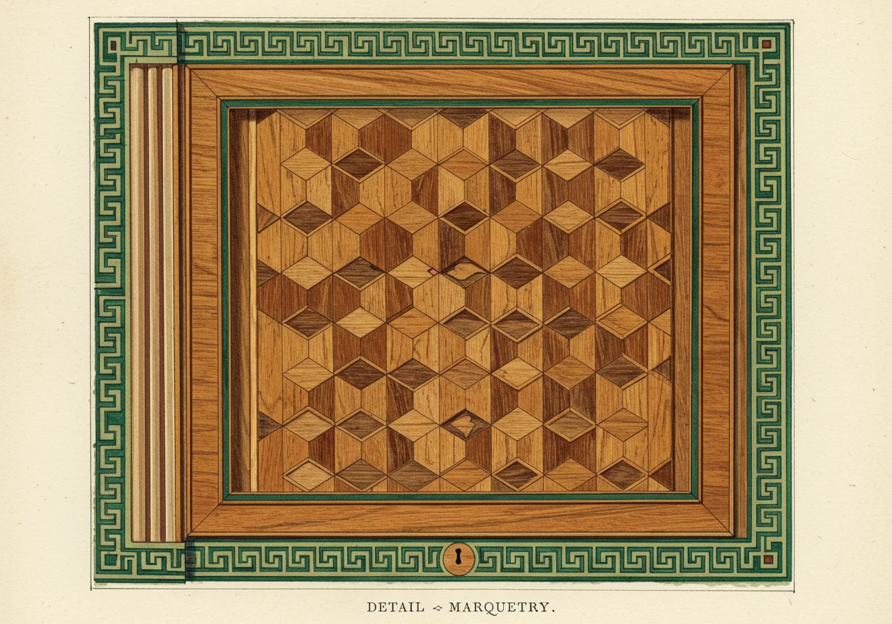 A close detail of Louis XVI geometric marquetry — a trellis of small lozenges in alternating kingwood and tulipwood, framed by a Greek-key border in stained holly