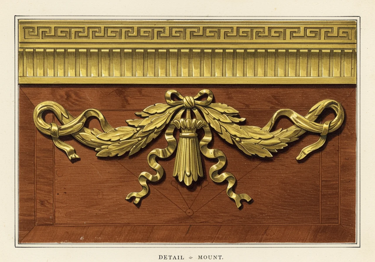 A close detail of a Louis XVI ormolu mount — a laurel-wreath swag with ribbon ties, framed by a Greek-key border, over a fluted ground