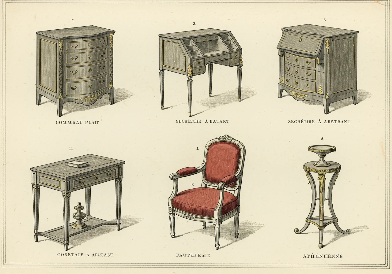 A page from a Victorian portfolio on Louis XVI furniture — engraved drawings of the principal forms (commode, bureau plat, secrétaire, console, fauteuil, athénienne) with annotations