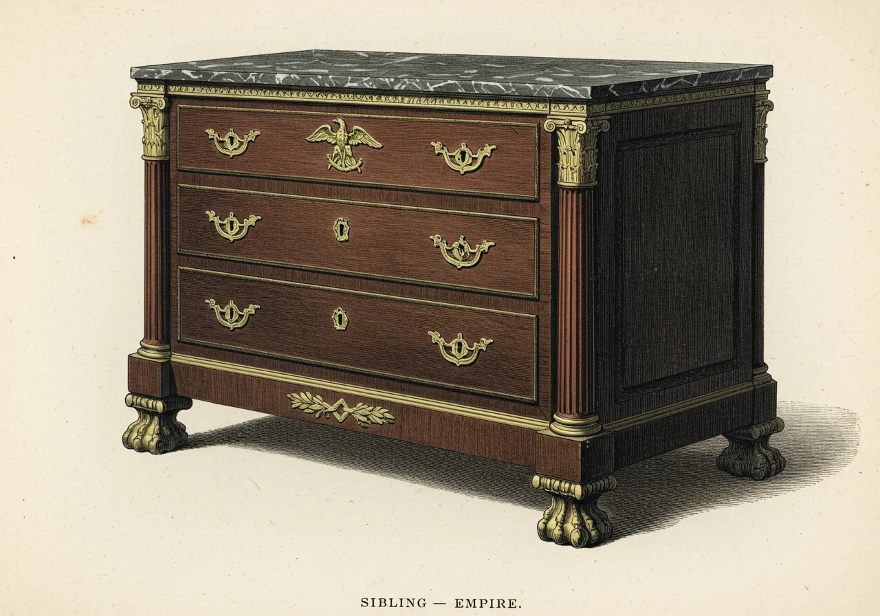 An Empire commode in dark mahogany with massive rectangular case, columnar legs with martial gilt-bronze mounts (eagles, swords, laurel wreaths), heavier proportions and military vocabulary throughout
