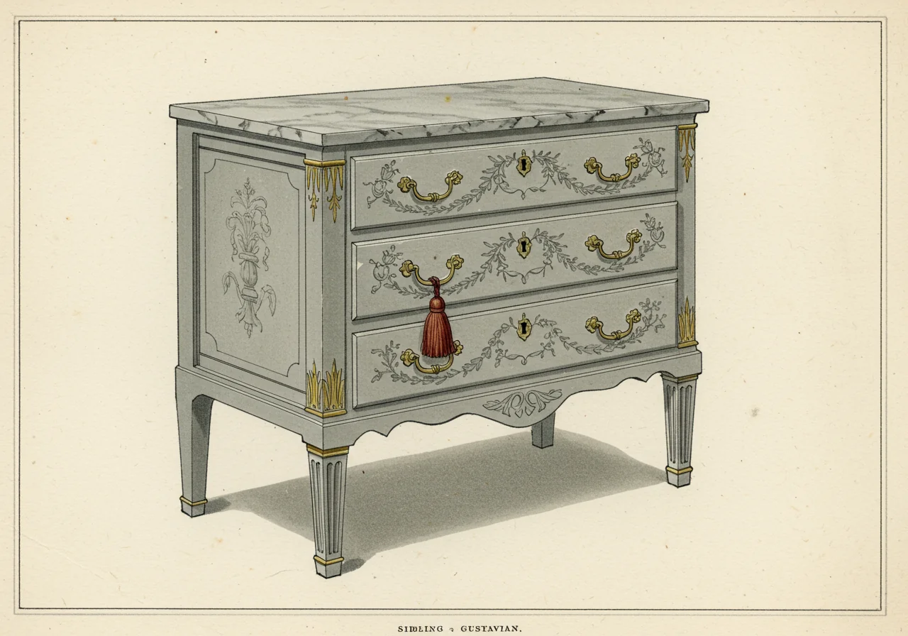 A Swedish Gustavian commode in pale Swedish painted finish (Trianon gris-blanc), with straight fluted columnar legs, restrained neoclassical ormolu, the Louis XVI vocabulary translated into the Scandinavian palette of the Gustav III court