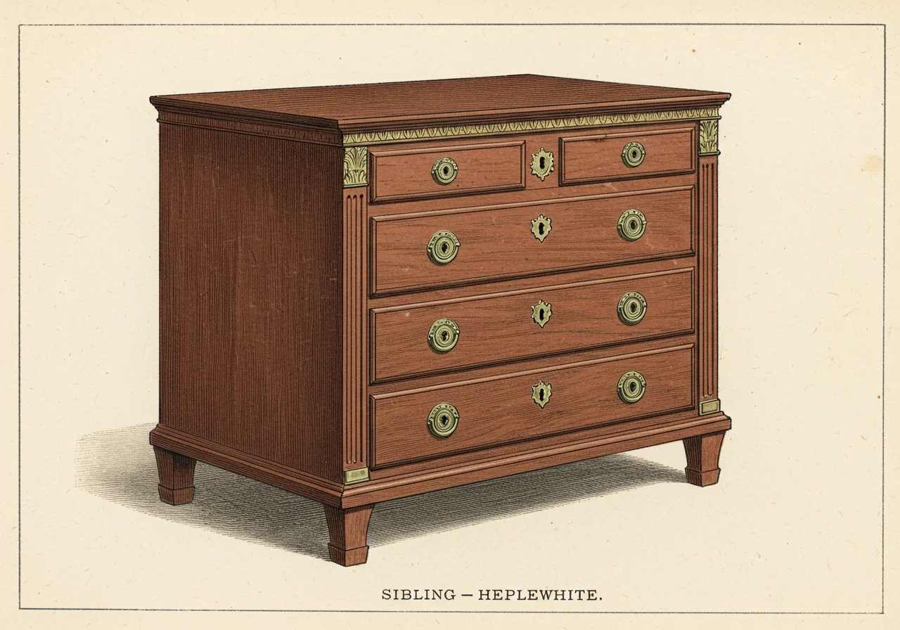 An English Hepplewhite chest of drawers in carved mahogany, with straight tapered square legs, oval brass drawer pulls, no veneered marquetry, and the restrained neoclassical vocabulary of George Hepplewhite's Cabinet-Maker and Upholsterer's Guide of 1788