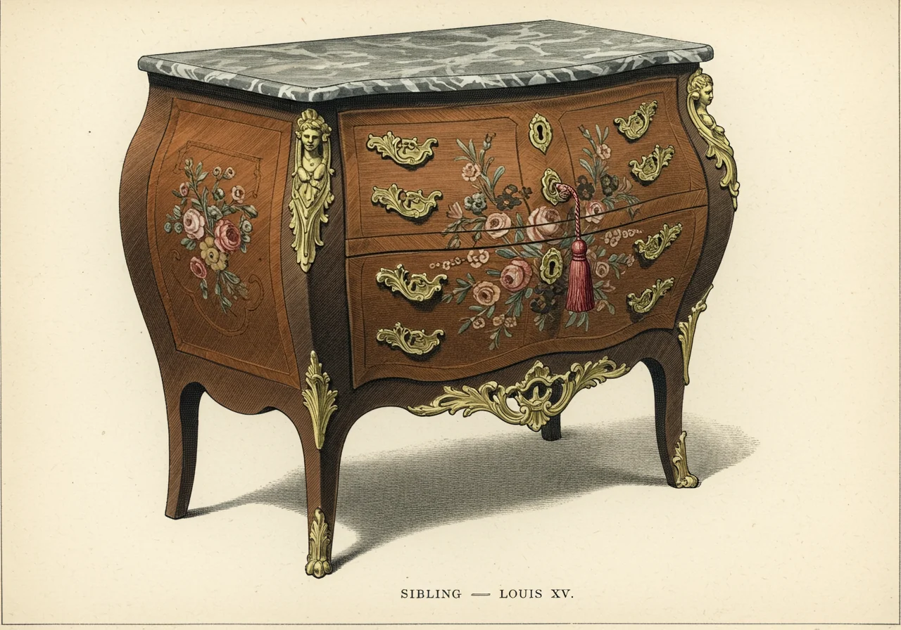 A Louis XV commode with bombé and serpentine case on cabriole legs, floral marquetry, rocaille ormolu mounts, marble top with serpentine edge