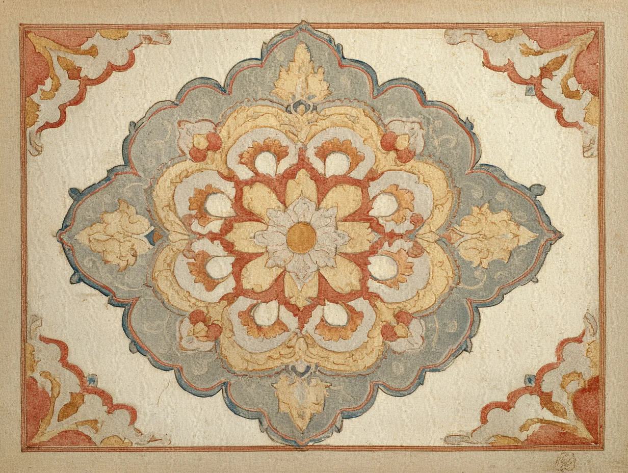 A close detail of an Oushak medallion — large-scale, archaic, descended from Holbein-carpet vocabulary