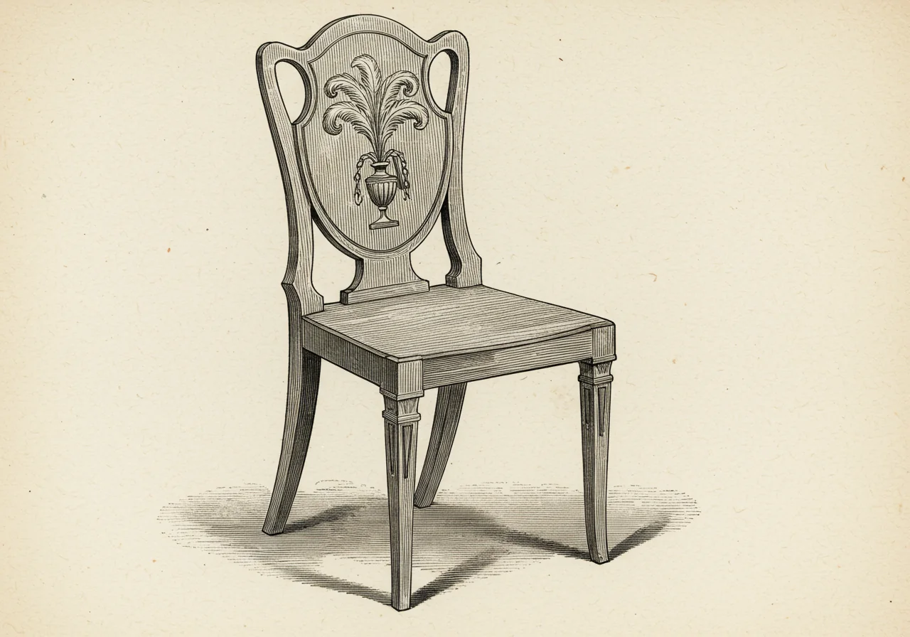 A Hepplewhite shield-back chair — the immediate predecessor in the English neoclassical succession