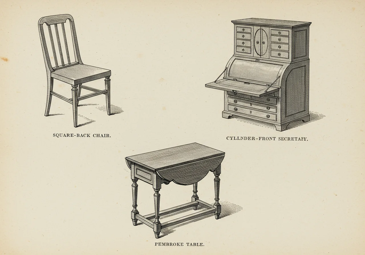 A page from Sheraton's 1791 Drawing-Book — rectangular-back chair, secretary, library table, dressing table