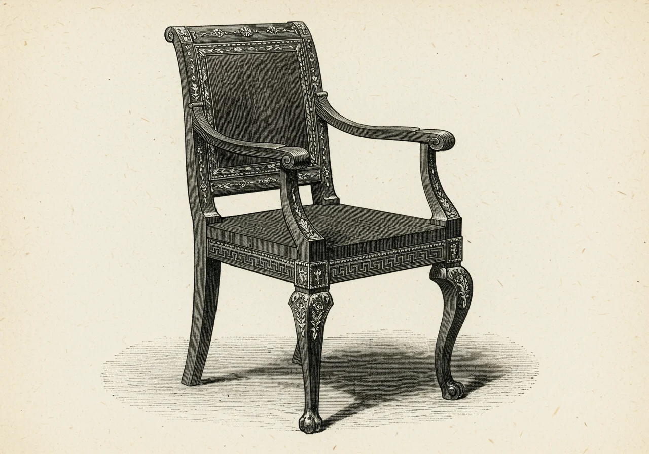 An English Regency chair — heavier rosewood + brass-inlay successor, post-1800