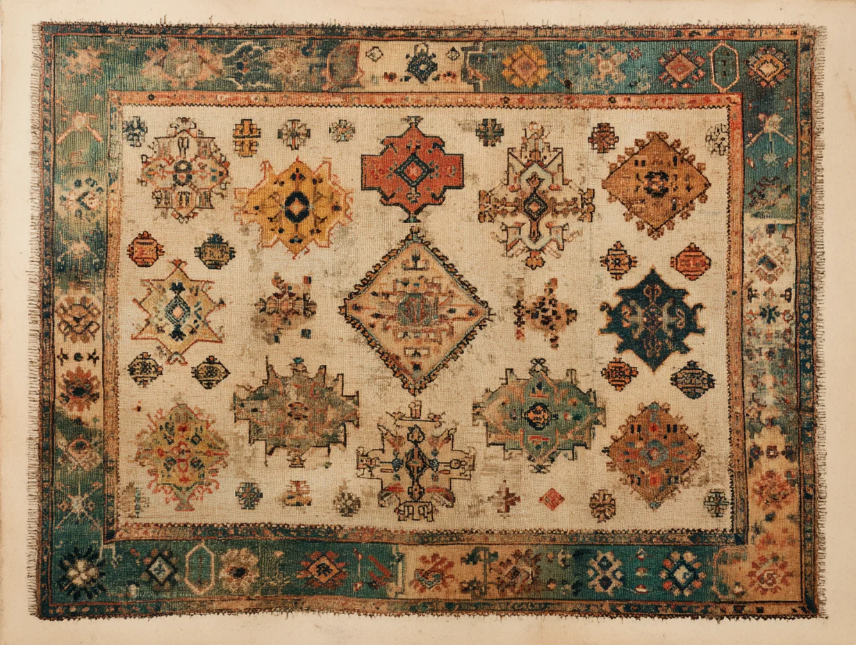 A pre-19th-c Shirvan village rug — looser drawing, more variable palette, the older tradition before the export market regularised production