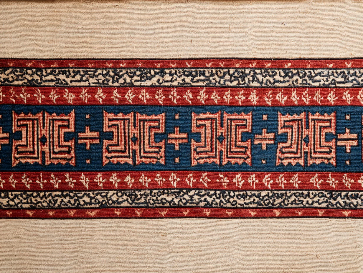 A close detail of a Shirvan kufic main border — angular script-derived geometric repeat