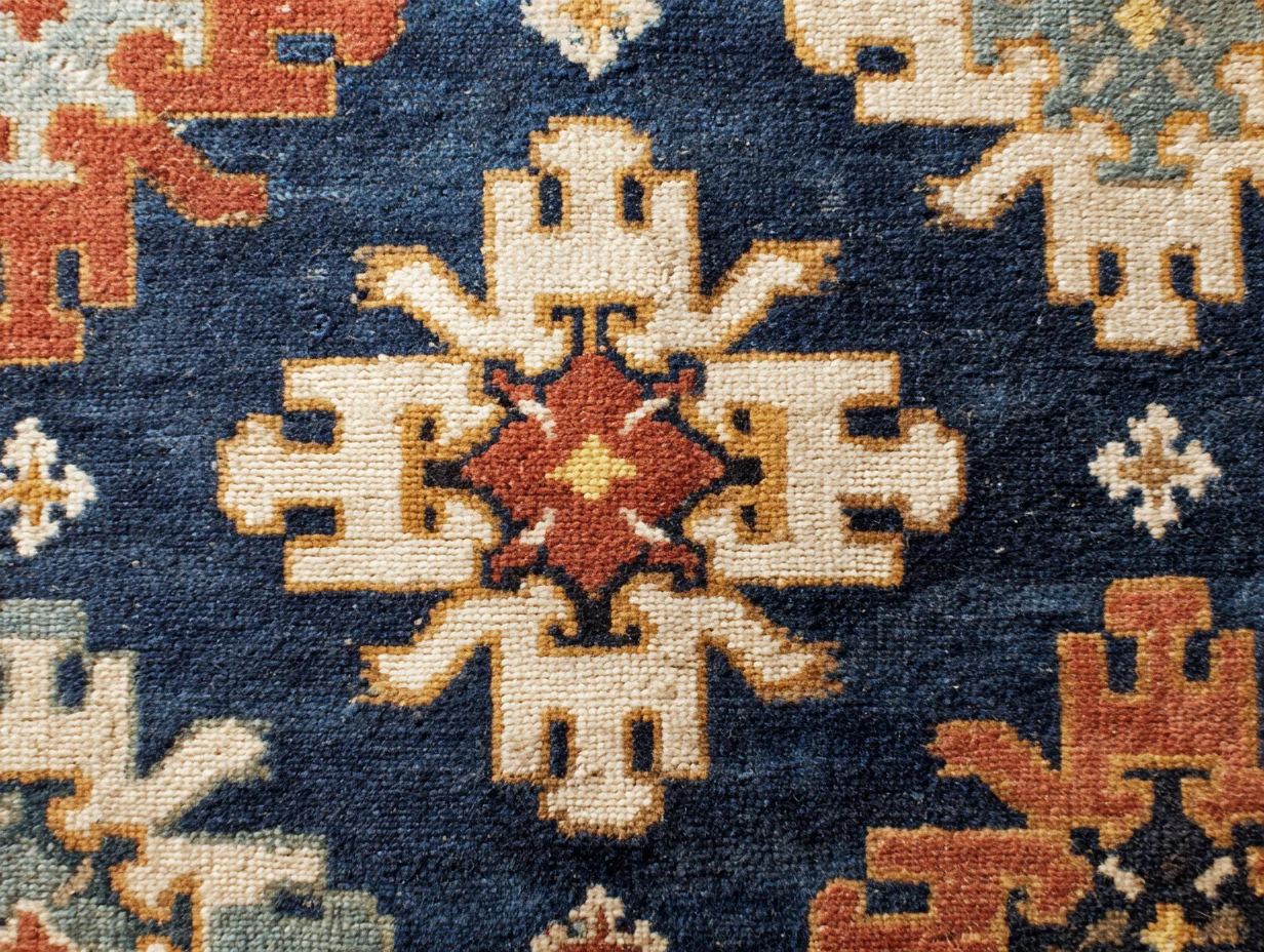 A close detail of a Shirvan star medallion and S-form repeat — small-scale eastern Caucasian devices on dark navy ground