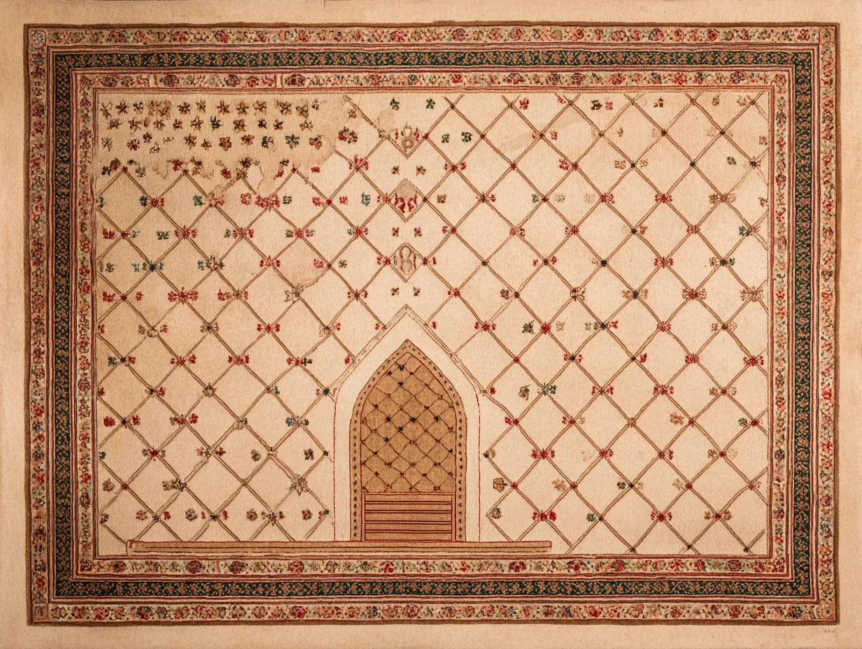 A Daghestan rug — northeastern Caucasian prayer-rug type with pale ivory ground and the regular diamond-lattice composition, distinct from the dark-ground field of Shirvan