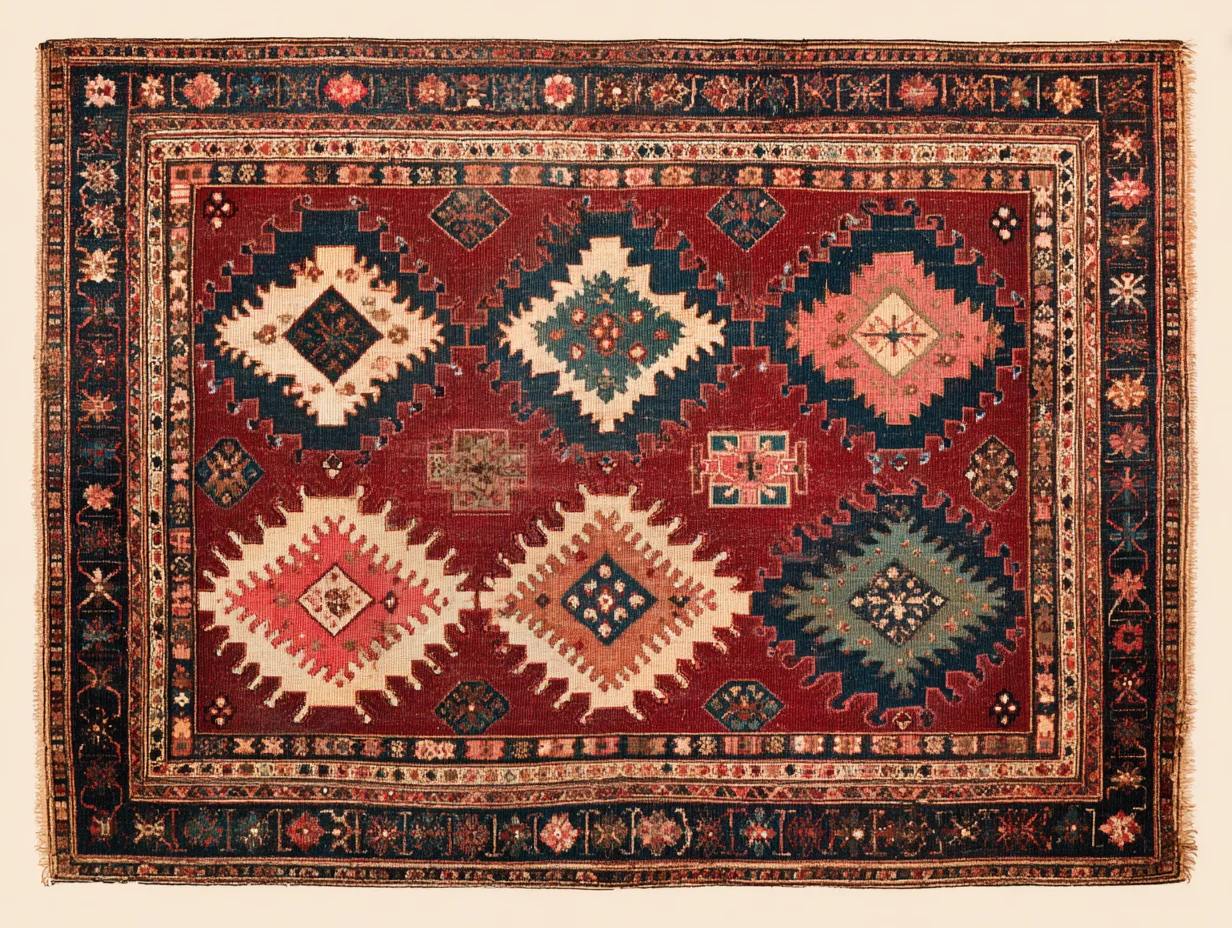 A Karabagh rug — mountainous southern Caucasian with deep burgundy ground and either bold stepped medallions or French-rose floral vocabulary, distinct from the dark navy small-repeat register of Shirvan