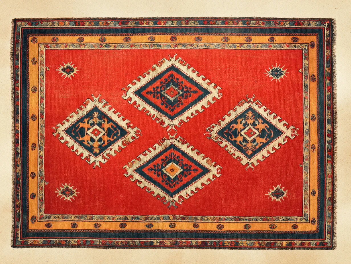 A Caucasian Kazak rug — the southern Caucasian highlands tribal weaving with saturated tomato-red ground, bold large stepped geometric medallions, and shaggy long pile, distinct from the small fine eastern Caucasian register of Shirvan