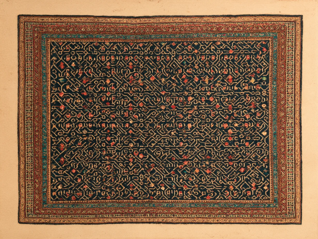 A Kuba rug — eastern Caucasian neighbour to Shirvan, with even finer knot density and the dense allover small-pattern composition that distinguishes Kuba from the medallion-based repeats of Shirvan
