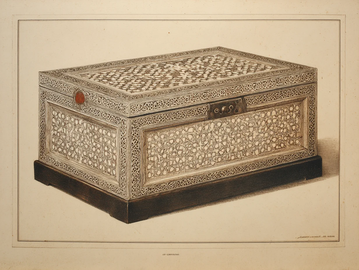 A 15th–16th-c Spanish Mudejar cabinet — the Islamic-influenced Iberian antecedent with denser geometric inlay