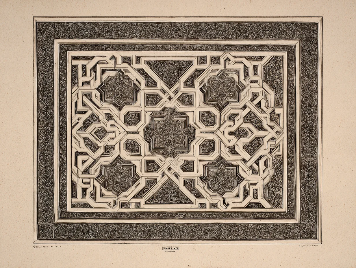 A close detail of Spanish Baroque bone-and-ivory geometric inlay — Mudejar-derived geometric vocabulary on walnut ground
