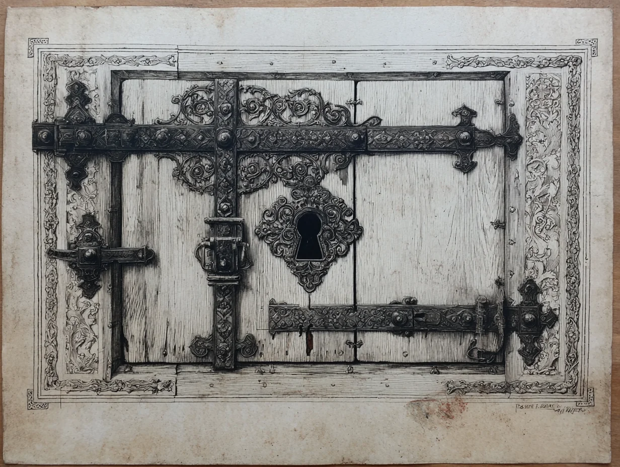 A close detail of Spanish Baroque iron studs and corner-mounts — heavy wrought ironwork on walnut