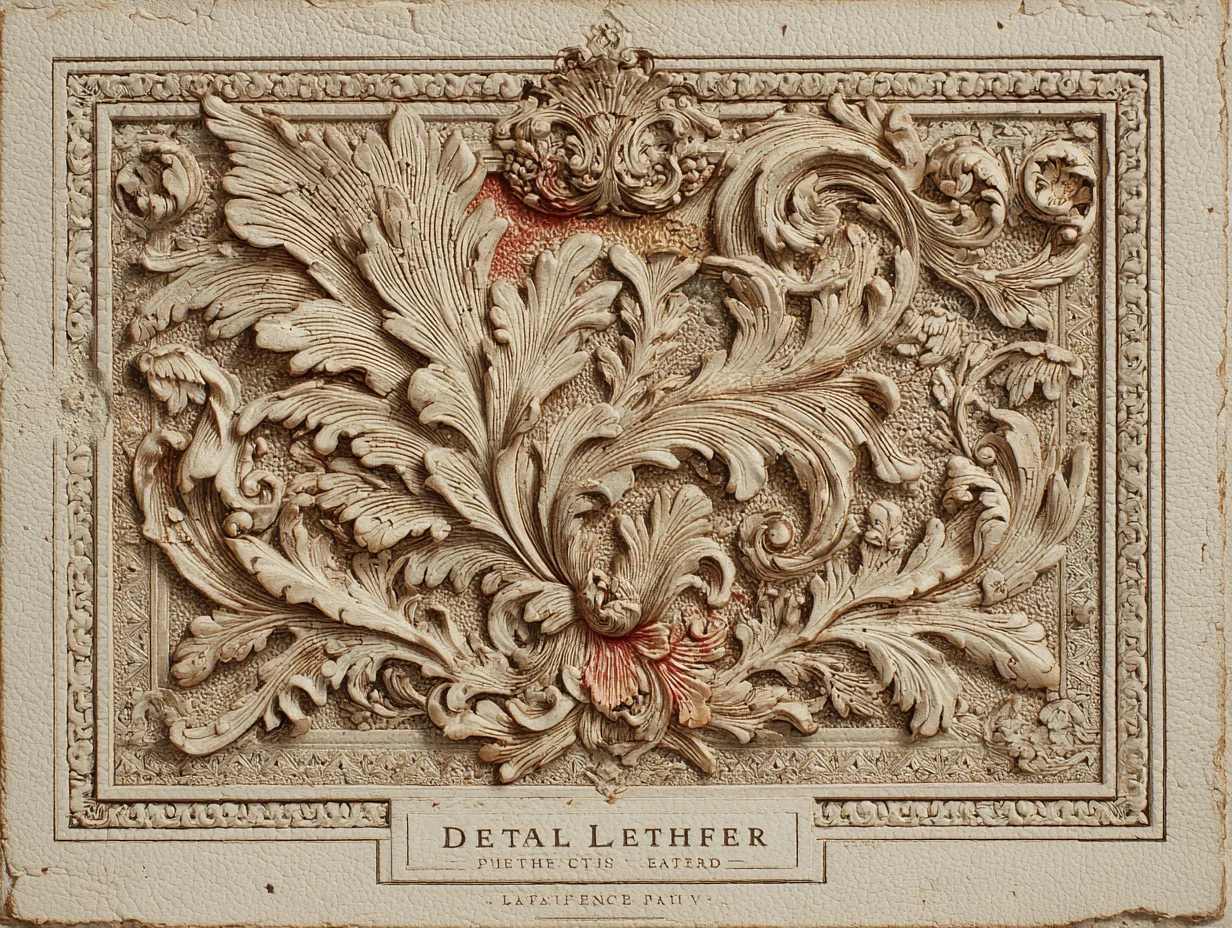 A close detail of Spanish Baroque tooled leather — the cordoban tooled-and-gilt leather interior of a vargueño