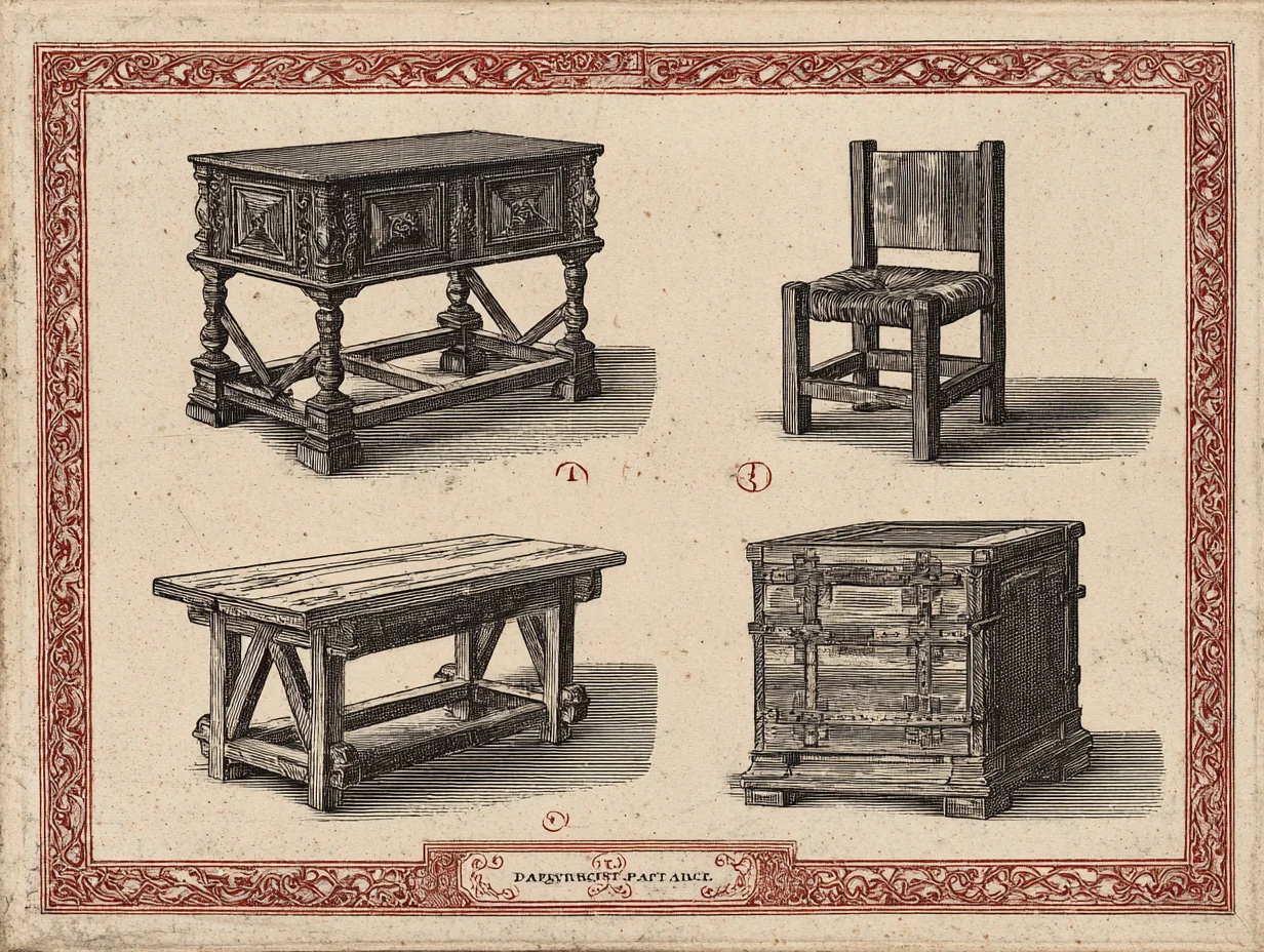A page from a Toledo cabinet-maker's pattern book of the 17th c — vargueño, papelera, sillón, mesa