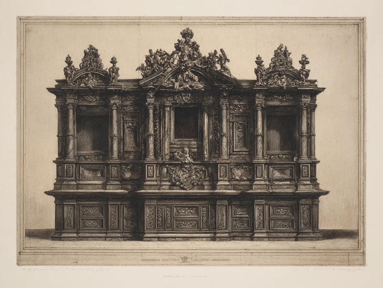 An Italian Baroque cabinet — dark walnut + carved giltwood, distinct from Spanish iron-and-leather register