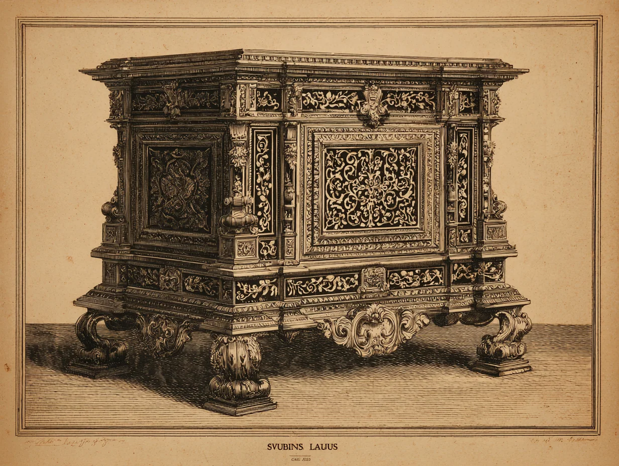 A French Louis XIV cabinet — heavy gilt-bronze ormolu and tortoiseshell-and-brass marquetry, distinct from Spanish vocabulary
