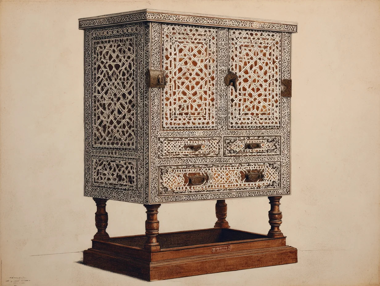 A Spanish Mudejar cabinet — the medieval Islamic-influenced Iberian antecedent with denser geometric inlay