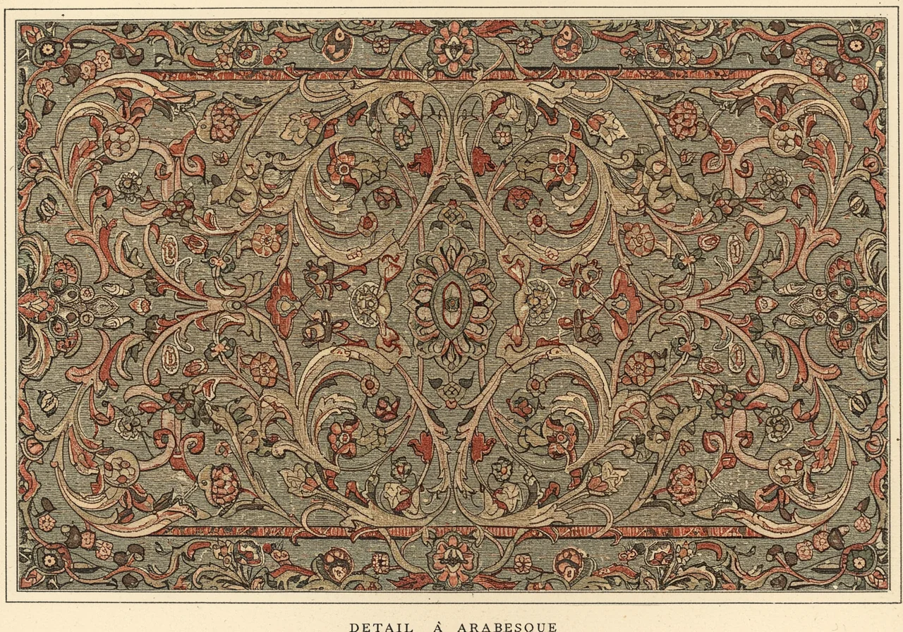 A close detail of Tabriz arabesque ornament — scrolling vine, curling leaves, and palmette pendants in continuous curvilinear drawing