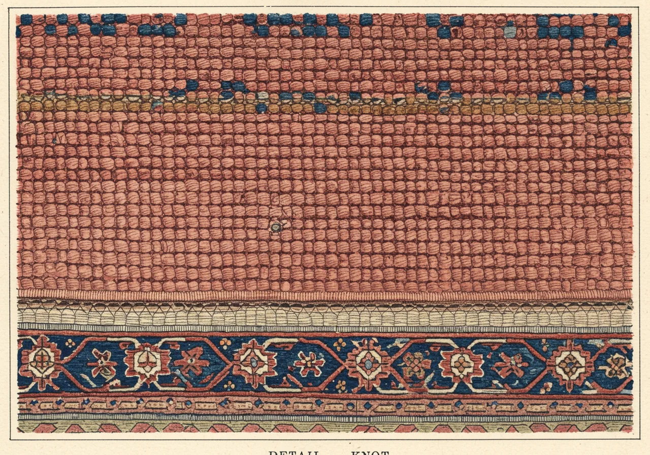 The back of a Tabriz rug at magnification — symmetrical Turkish knots packed densely on a finely-spun cotton foundation, with a Persian Nastaliq signature trace visible in the lower border