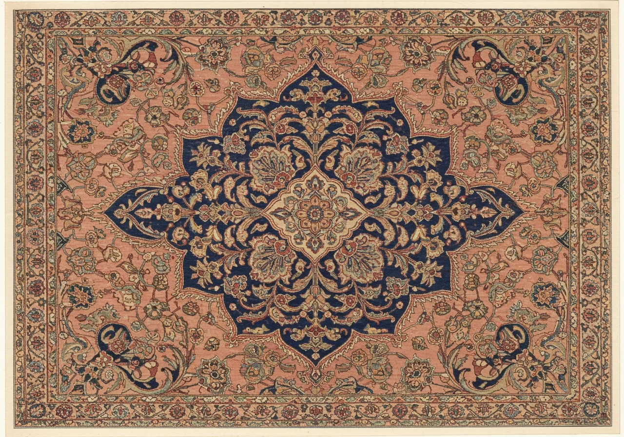 A close detail of a Tabriz central medallion — curvilinear lobed indigo shape with arabesque pendants on the rose-red field